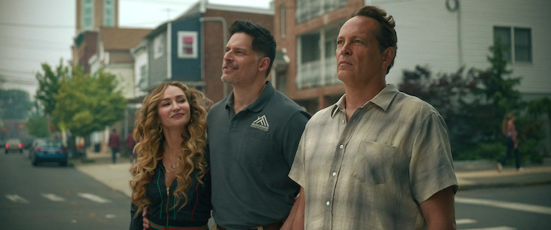 Drea de Matteo as Stella, Joe Manganiello as Bruno and Vince Vaughn as Joe Scaravella in 'Nonnas'