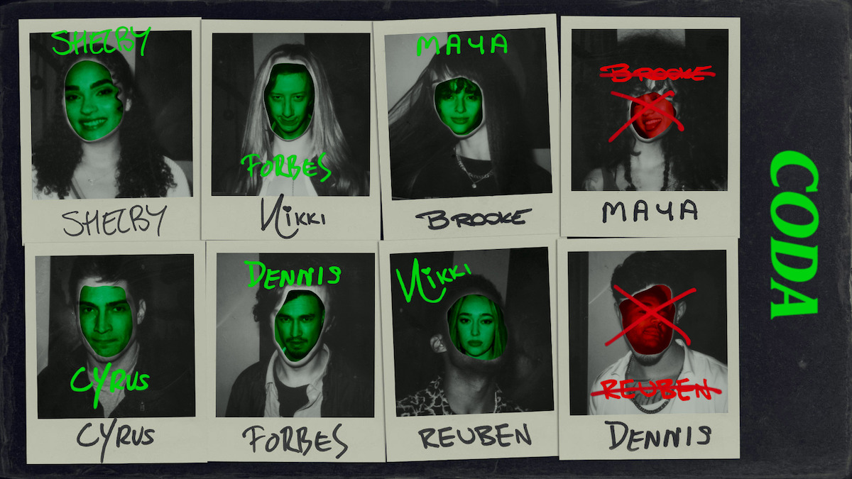 A Polaroid photo collage showing the characters in ‘It’s What’s Inside’ in the game’s coda
