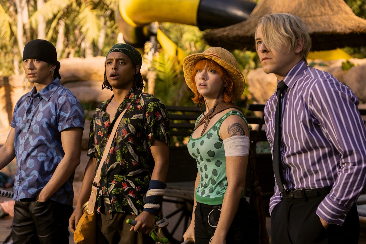 Mackenyu Arata as Roronoa Zoro, Jacob Romero Gibson as Usopp, Emily Rudd as Nami, Taz Skylar as Sanji in Season 1 of ‘ONE PIECE.’