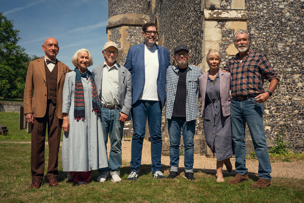Steven Spielberg visits the sets of ‘The Thursday Murder Club’. (L to R) Sir Ben Kingsley, Helen Mirren, Steven Spielberg, Richard Osman, Chris Columbus, Celia Imrie, Pierce Brosnan