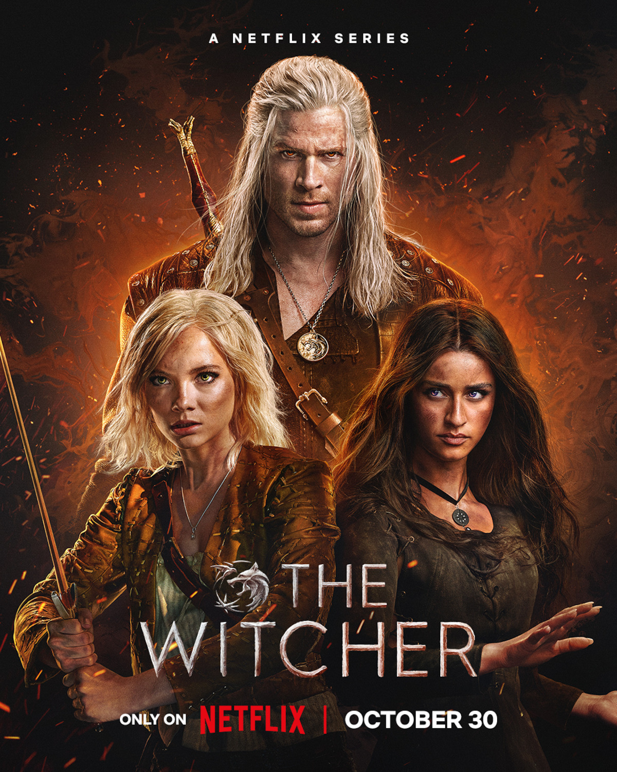 Key art for ‘The Witcher’ Season 4 featuring Freya Allan as Ciri, Liam Hemsworth as Geralt of Rivia, and Anya Chalotra as Yennefer.
