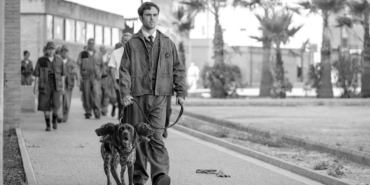 Black-and-white image of Misia Butler as Caeneus walking a three-headed dog in 'KAOS'