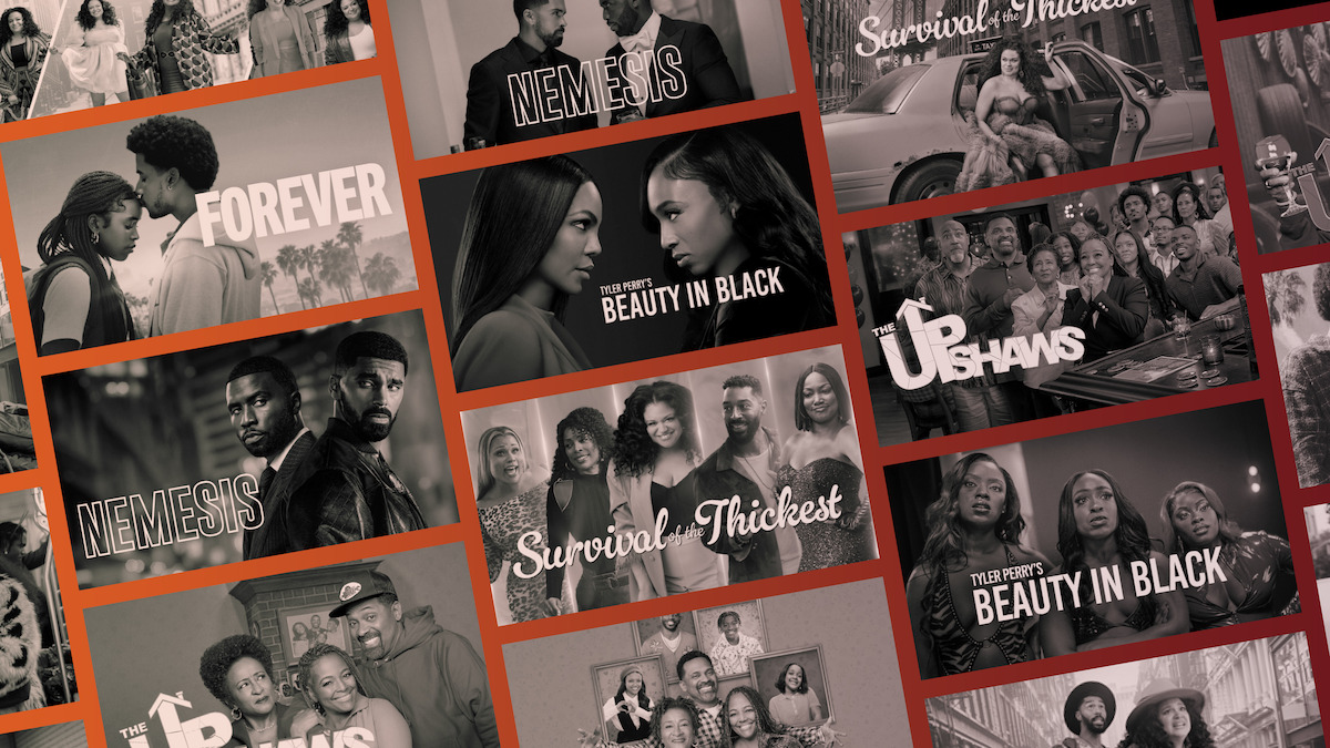 Collage of TV show and movie posters featuring diverse Black casts, including titles like Nemesis, Beauty in Black, The Upshaws, Survival of the Thickest, and Forever, set against a red gradient background.