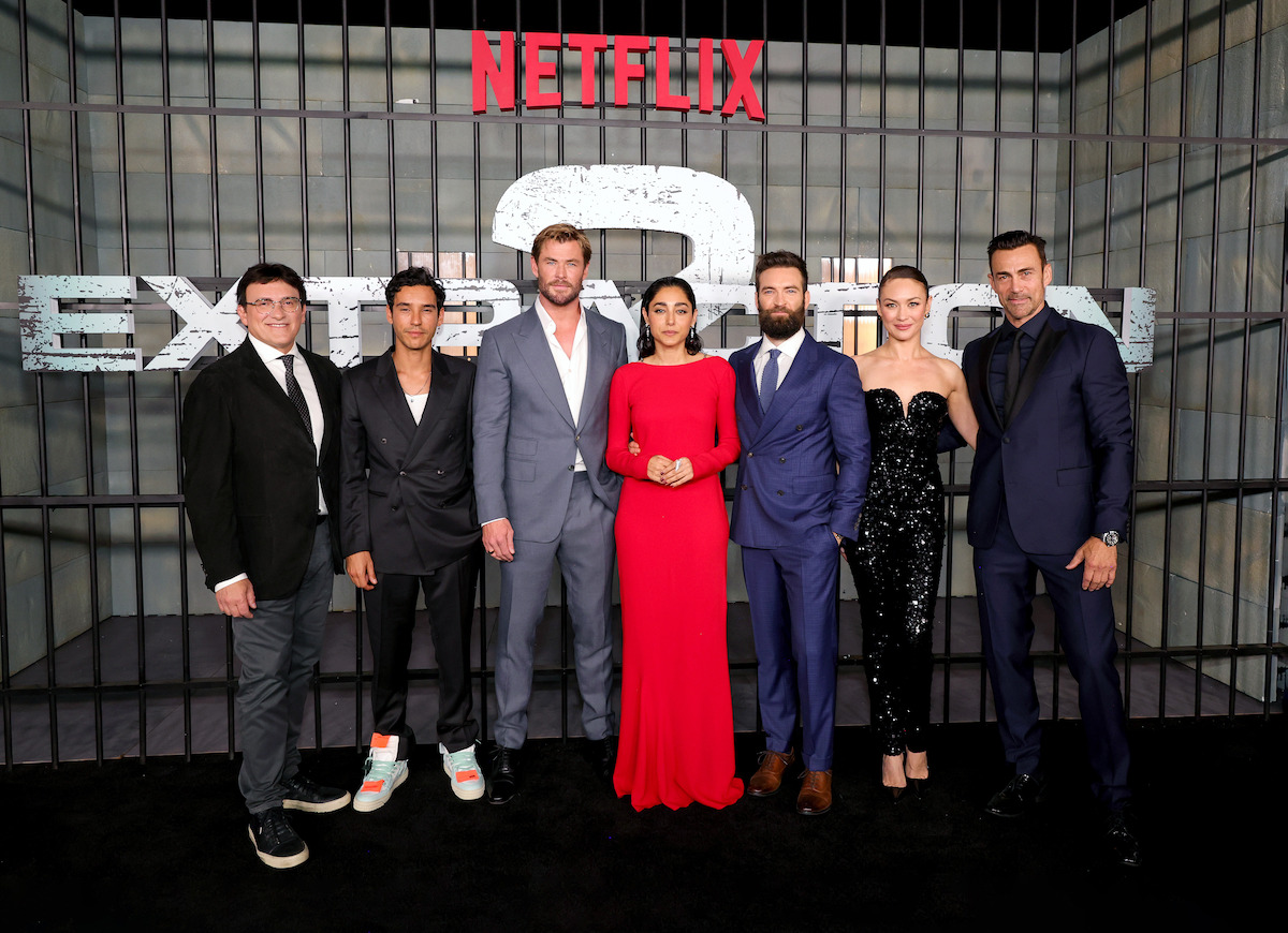 Anthony Russo, Adam Bessa, Chris Hemsworth, Golshifteh Farahani, Sam Hargrave, Olga Kurylenko, and Daniel Bernhardt attend the Extraction 2 New York premiere.