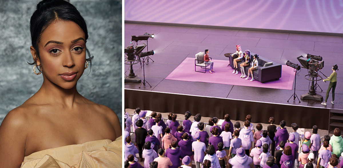 Diptych featuring a headshot of Liza Koshy and an animated still of the Host in ‘Kpop Demon Hunters’