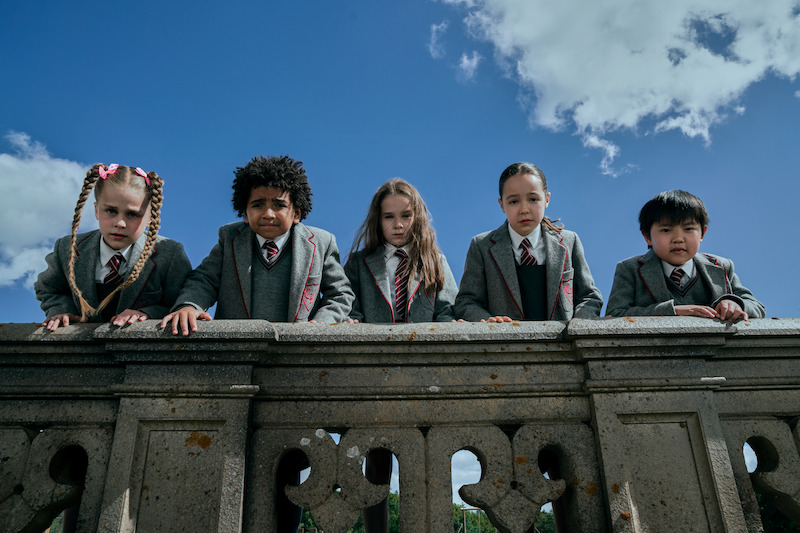 (L to R) Winter Jarrett Glasspool as Amanda Thripp, Ashton Robertson as Nigel, Alisha Weir as Matilda, Rei Yamauchi Fulker as Lavender, Andrei Shin as Eric