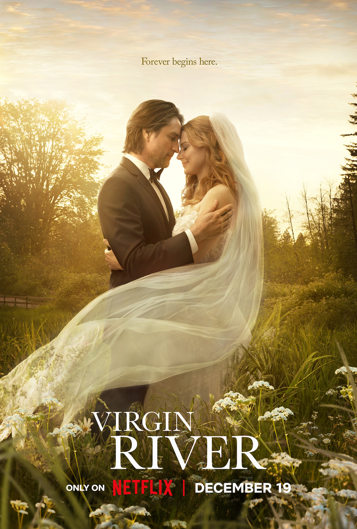 Key art for ‘Virgin River’ Season 6 featuring Martin Henderson as Jack and Alexandra Breckenridge as Mel in wedding attire