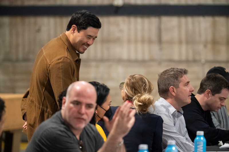 James Babson as Daryl Armogeda, Randall Park as Edwin Park, Sumalee Montano as Dana Hammond, Paul Fitzgerald as President Perry Morgan and Dan Perrault as Colin Trask at the table read for The Residence. 