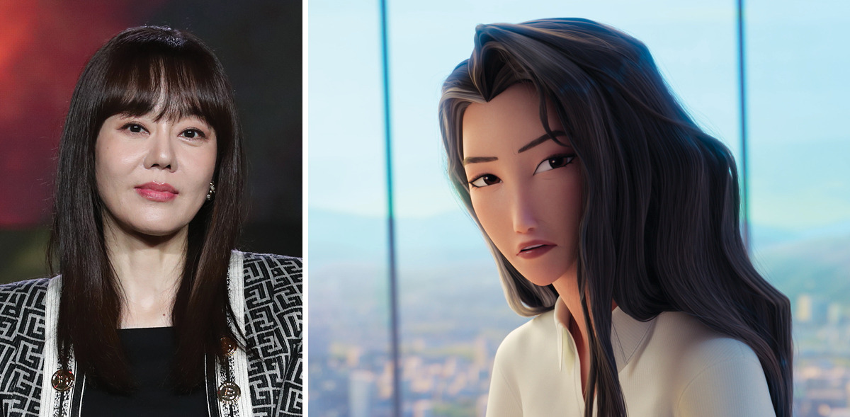 Diptych featuring a headshot of Yunjin Kim and an animated still of Celine in ‘Kpop Demon Hunters’