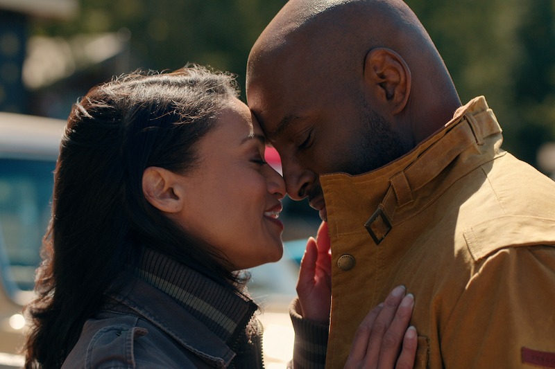 Kandyse McClure as Kaia and Colin Lawrence as Preacher stand face to face in Season 6 of 'Virgin River'