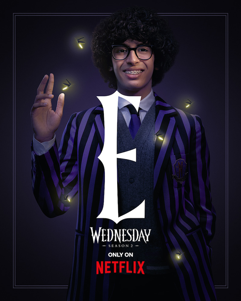 Key Art for 'Wednesday' Season 2 featuring Moosa Mostafa as Eugene Ottinger.