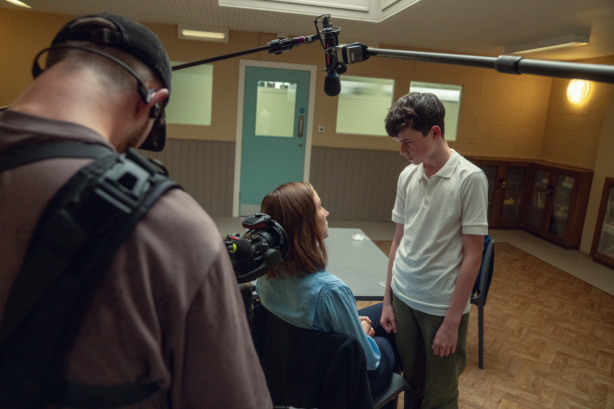Matthew Lewis, Erin Doherty as Briony Ariston, Owen Cooper as Jamie Miller, on the set of ‘Adolescence’