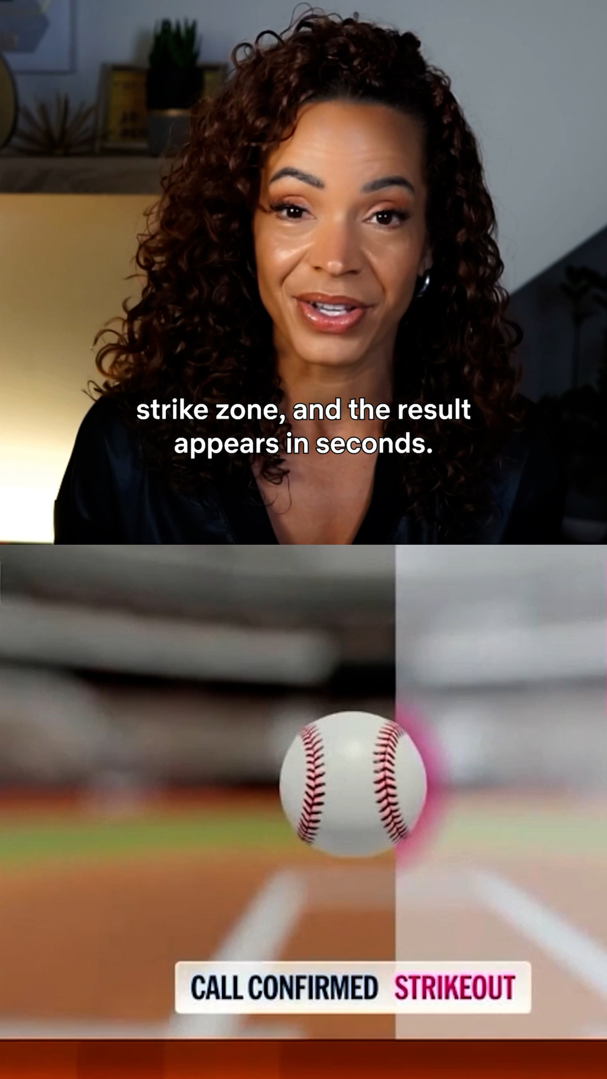 A woman explains baseball strike zone technology indoors, with onscreen text describing quick results; below, a digital graphic shows a baseball crossing a virtual strike zone with "CALL CONFIRMED STRIKEOUT" displayed.