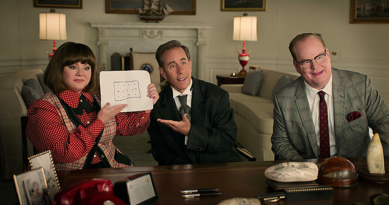 Melissa McCarthy as Donna Stankowski, Jerry Seinfeld as Bob Cabana and Jim Gaffigan as Edsel Kellogg III in 'Unfrosted.'