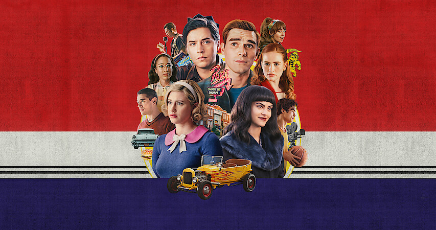 Collage of the cast of Season 7 of 'Riverdale' with a red, white, and blue striped background.