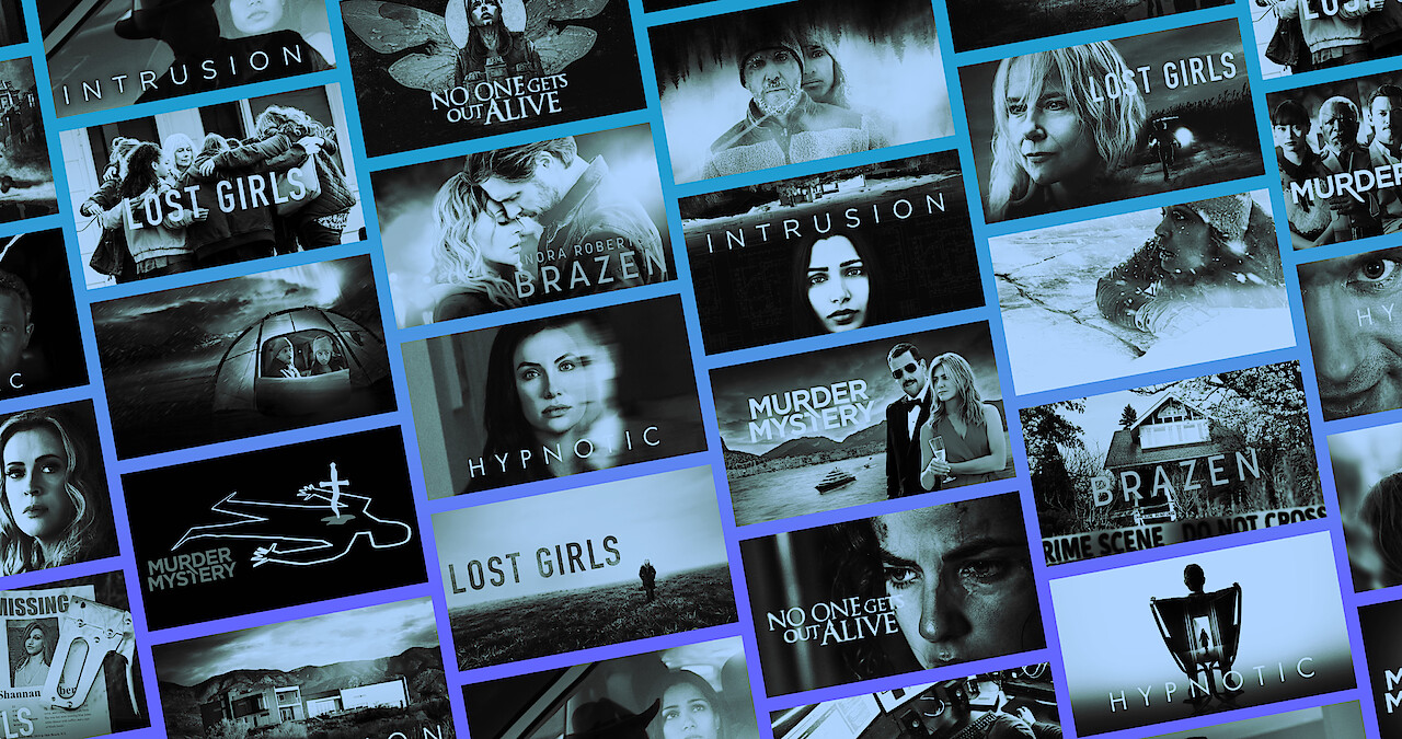 A collage featuring the key art for different murder mysteries on Netflix