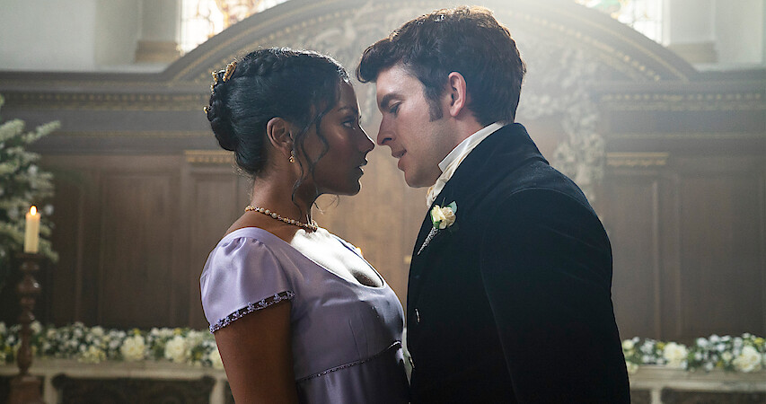 Kate (Simone Ashley) and Anthony (Jonathan Bailey) almost kiss in 'Bridgerton' Season 2