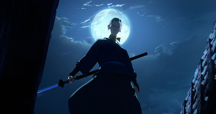 Miss stands in front of the moon with sword drawn in 'Blue Eye Samurai.'