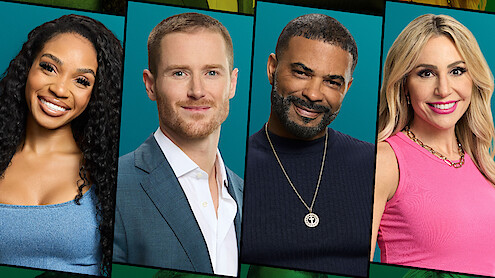 Four people, two women and two men, pose side by side in front of a blue and green background. They are smiling and dressed in casual to semi-formal attire, suggesting a friendly or professional setting.
