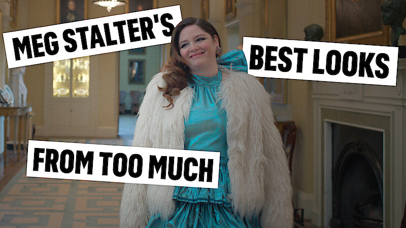 Actor Megan Stalter in a turquoise formal dress with a white fluffy jacket, looking fabulous. 