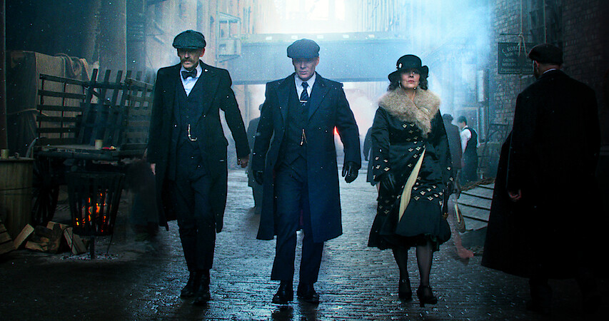 Tommy, Arthur and Aunt Polly walk down the street on a mission in 'Peaky Blinders'