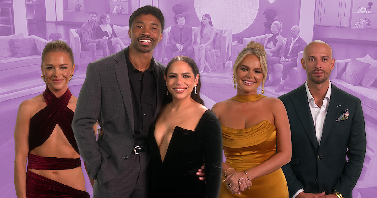 5 cast members from Love Is Blind pictured against a backdrop of the Love Is Blind Reunion