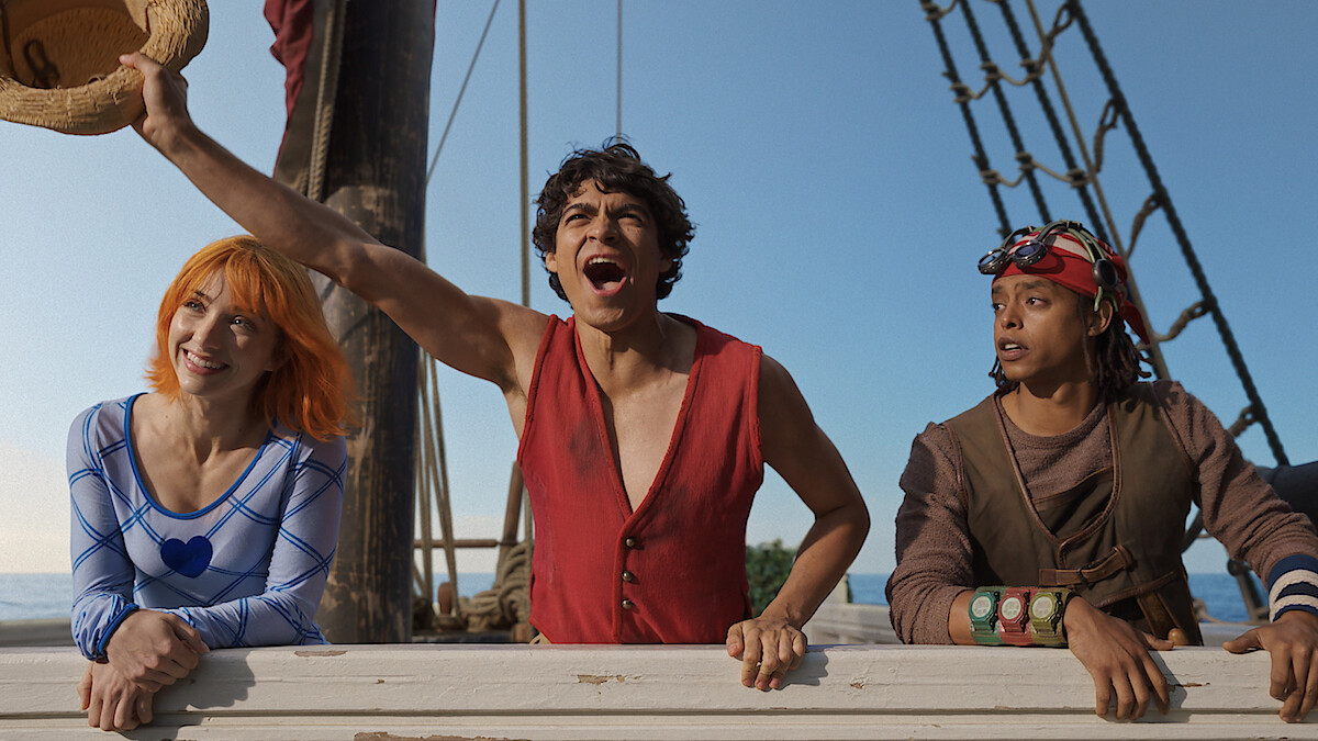 Emily Rudd as Nami, Iñaki Godoy as Monkey D. Luffy, and Jacob Romero as Usopp in 'ONE PIECE' Season 2