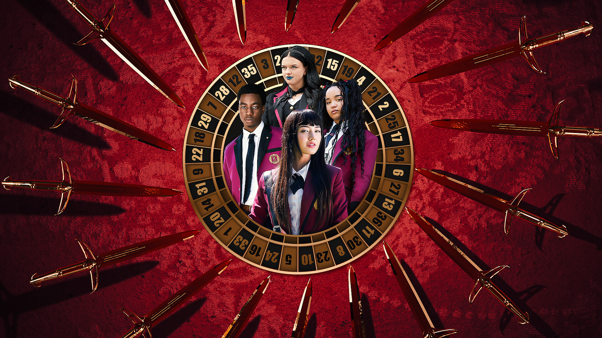 BET - The cast inside a roulette wheel on a red background with knives and swords pointed at them. 