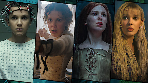 Grid of images featuring Millie Bobby Brown in 'Stranger Things,' 'Enola Holmes,' 'Damsel,' and 'The Electric State.'