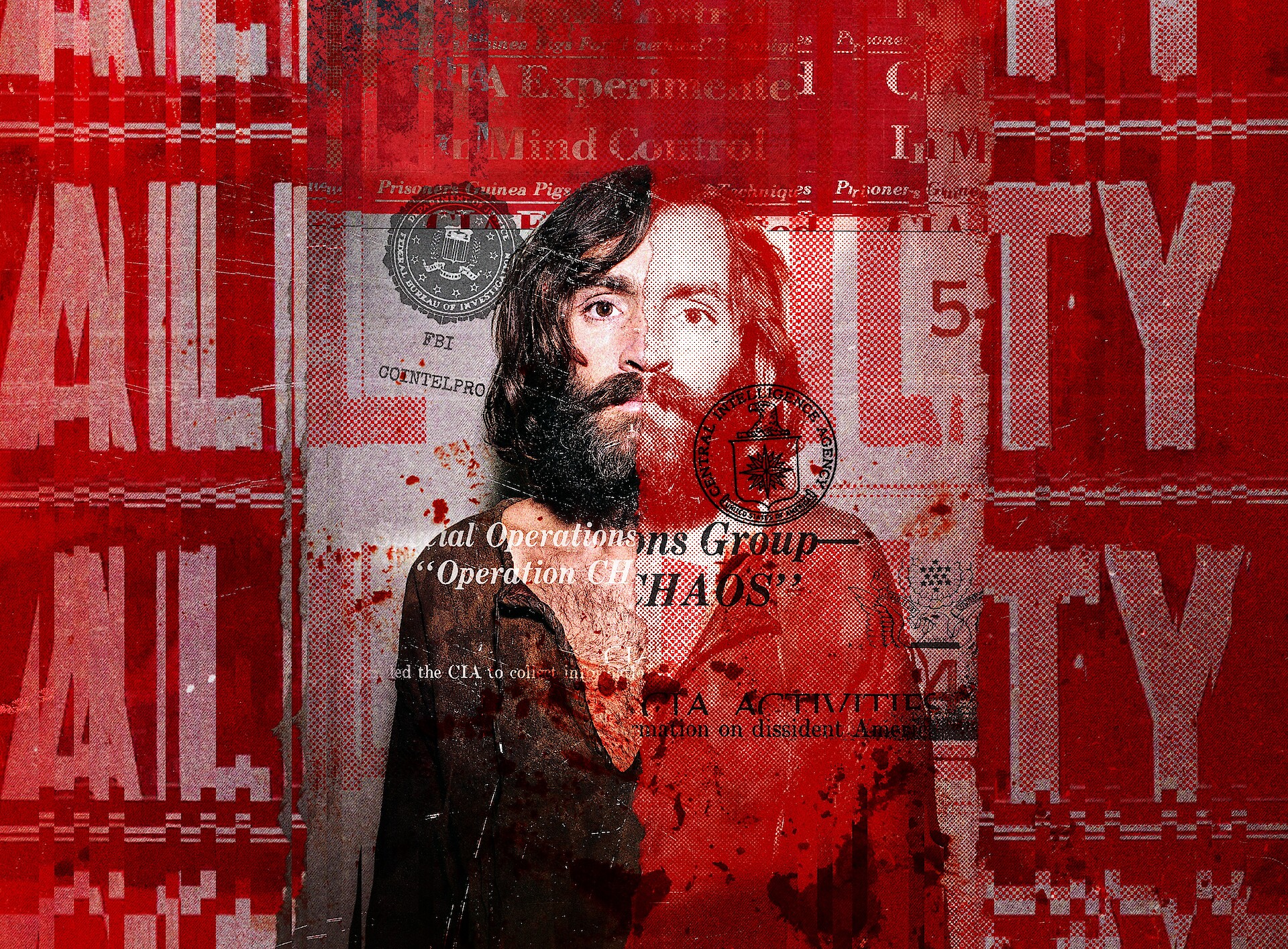 Chaos: The Manson Murders - A photo of manson overlaid with evidence and red.