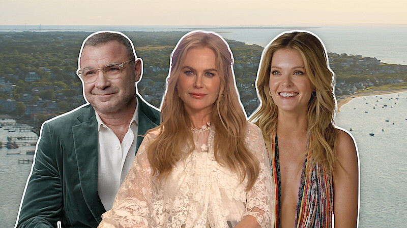Stills of Liev Schreiber, Nicole Kidman and Meghann Fahy in front of an image of an island