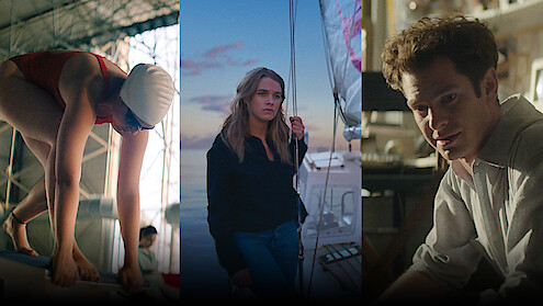 Three stills from 3 movies left to right, "The Swimmers," "The Beautiful Game," and "tick,tick...boom"
