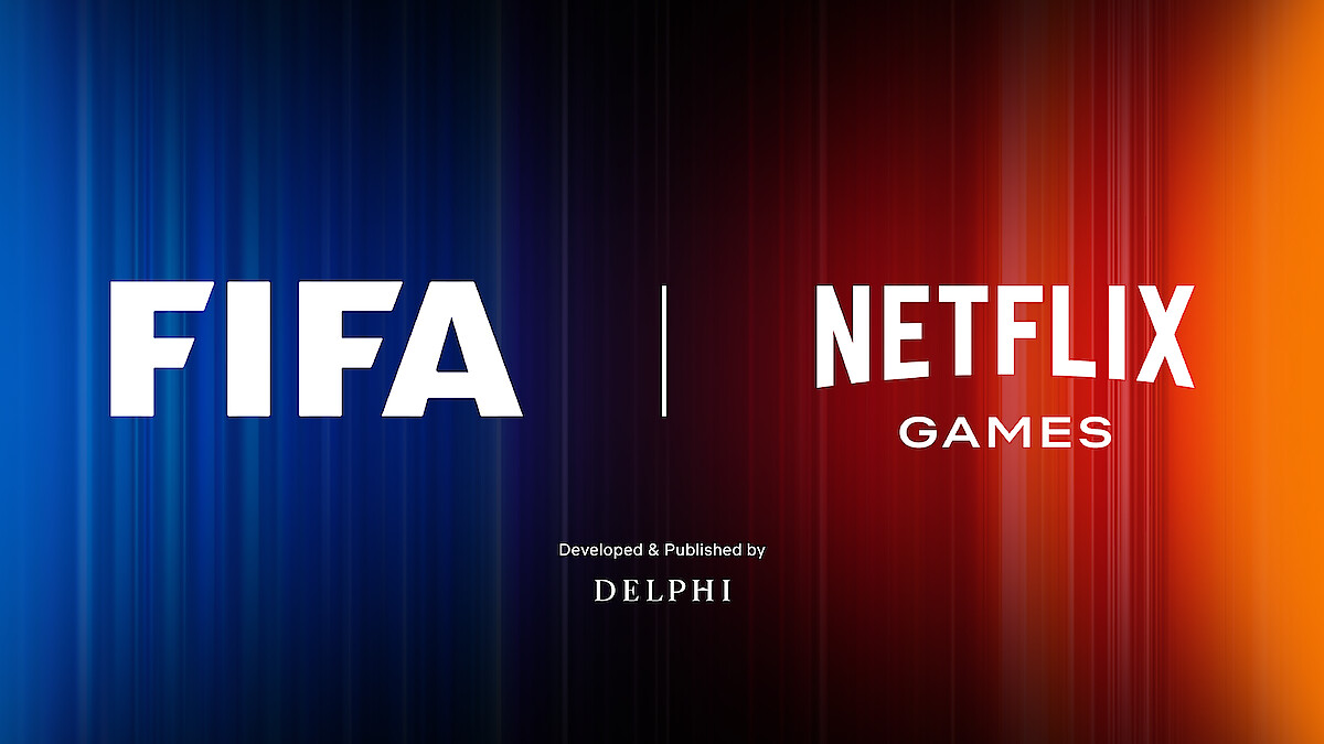 FIFA and Netflix Games logos on a gradient blue-to-red background, separated by a vertical line, suggesting a collaboration or partnership in a digital, modern, and energetic setting.