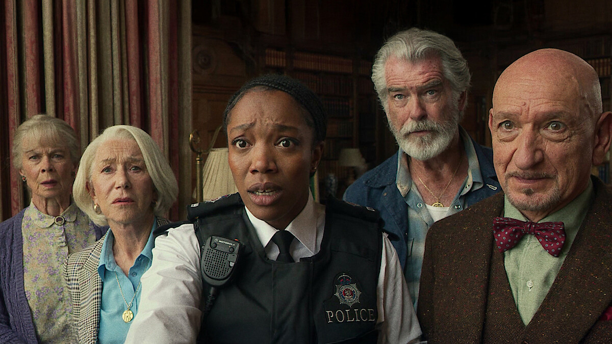 Celia Imrie, Helen Mirren, Naomi Ackie, Pierce Brosnan and Sir Ben Kingsley in 'The Thursday Murder Club'