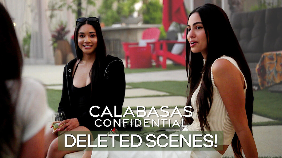 two women sitting at the edge of the pool looking like they are sharing secrets, "Calabasas Confidential" Deleted Scenes written in text