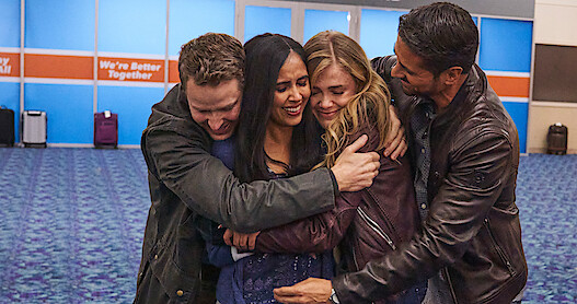 Josh Dallas as Ben Stone,  Parveen Kaur as Saanvhi Bahl, Melissa Roxburgh as Michaela Stone, and J.R. Ramirez as Jared Vasquez in Manifest Season 4.