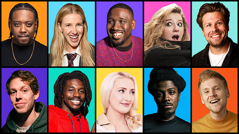 Ten people, each in their own square, pose for headshots with varied expressions and colorful casual clothing, arranged in a colorful grid pattern.