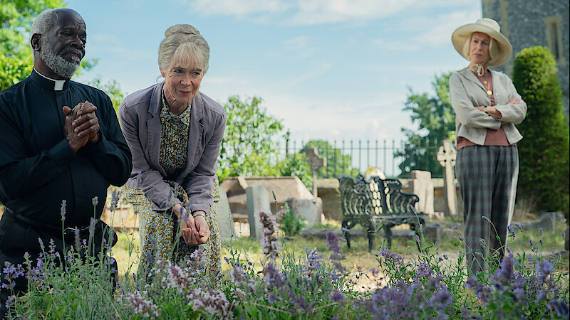 Joseph Marcell as Father Mackie, Celia Imrie as Joyce, and Helen Mirren as Elizabeth in 'The Thursday Murder Club'