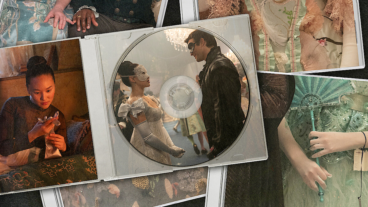 A collage of historical costumes and accessories surrounds a CD case, which shows a masked ballroom scene with two people dressed in elegant, vintage attire facing each other.