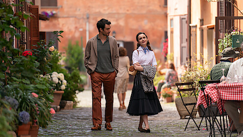 Eugenio Franceschini as Marcello and Lily Collins as Emily walk together in Rome 'Emily in Paris'