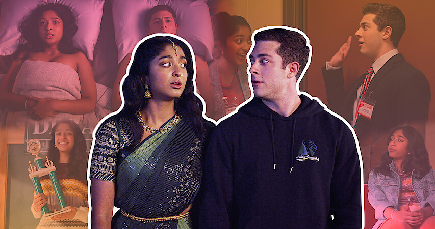 Characters Devi and Ben stare at each other, their image is juxtaposed against a collage of moments from their relationship