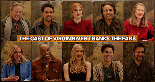 From top left to bottom right, the cast of Virgin River including Tim Matheson, Ben Hollingsworth, Alexandra Breckenridge, Martin Henderson, Annette O'Toole, Zibby Allen, Colin Lawrence, Sarah Dugdale, Kai Bradbury, and Marco Grazzini.