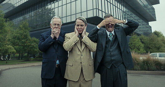 Sam Anderson as Raymond Sackler, Matthew Broderick as Richard Sackler, and John Rothman as Mortimer Sackler pose covering their mouth, ears, and eyes respectively in Season 1 of 'Painkiller.'  