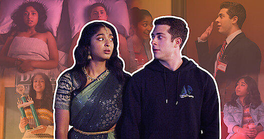 Characters Devi and Ben stare at each other, their image is juxtaposed against a collage of moments from their relationship