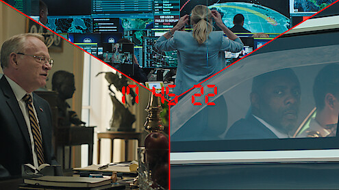 A countdown clock over footage from A HOUSE OF DYNAMITE