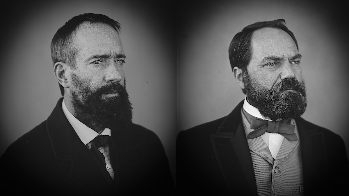 Two bearded men in old-fashioned suits pose for formal black-and-white portraits, with serious expressions against a plain, dark background, evoking a somber and historical mood.