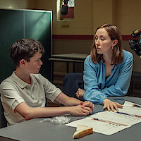 Owen Cooper as Jamie Miller, Erin Doherty as Briony Ariston, on the set of 'Adolescence'