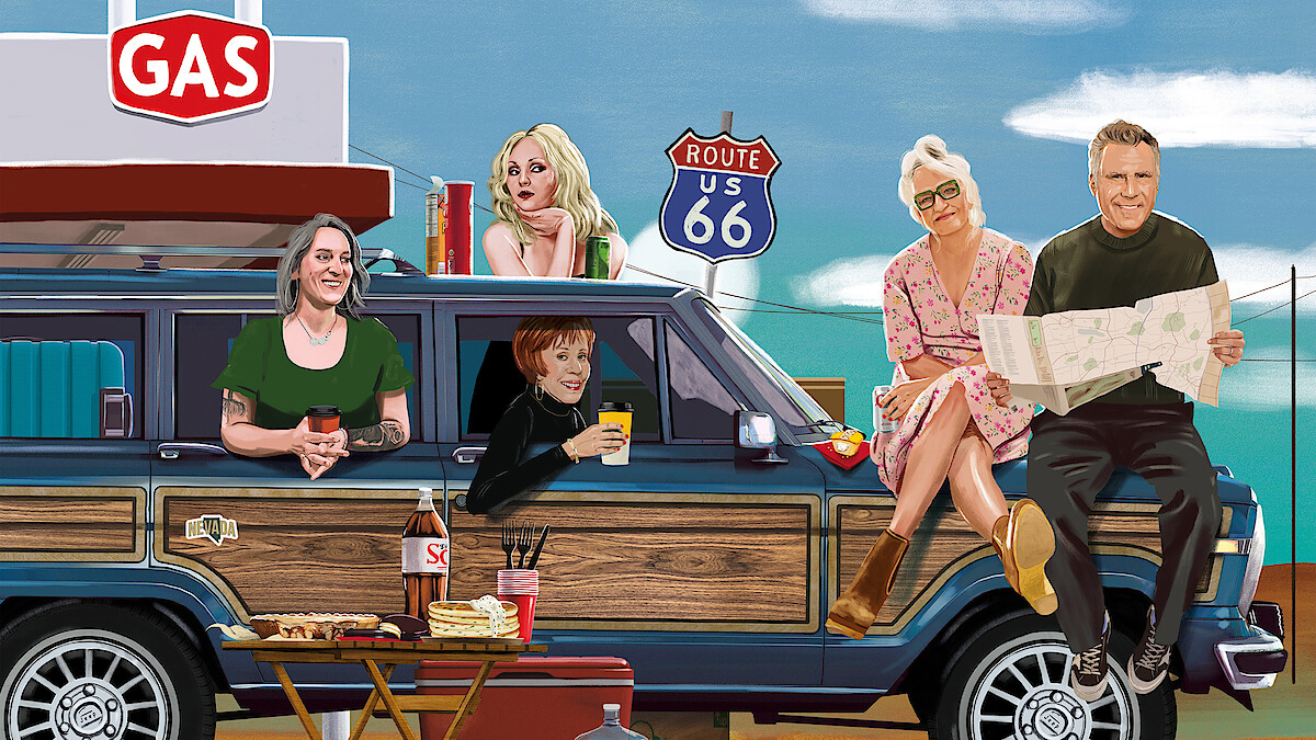 Harper Steele hosts her dream dinner party with bestie Will Ferrell. They sit on the hood of their trusty station wagon looking at a map.