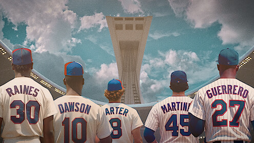 An illustration of Raines, Dawson, Carter, Martinez, and Guerrero facing away in their Montreal Expos jerseys.