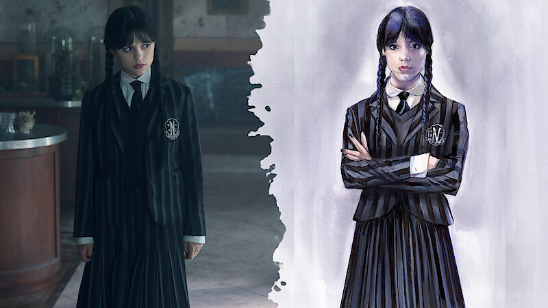 Jenna Ortega as Wednesday, plus costume sketch.